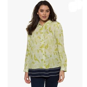 Ulla Popken Women’s Plus 22/24 Yellow Floral Lightweight Tunic Button Up Blouse